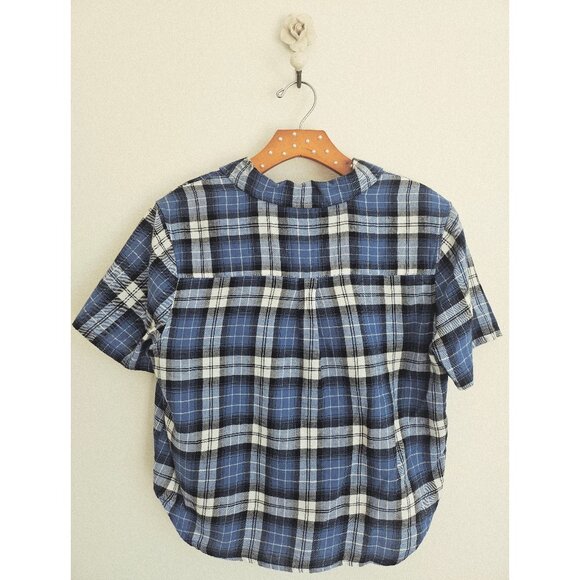 Forever 21 Blue White Plaid Cropped Button Down Shirt Short Sleeve Casual - Picture 4 of 12
